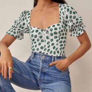 Green Dot Puff-Sleeve Square-Neck Women's Top